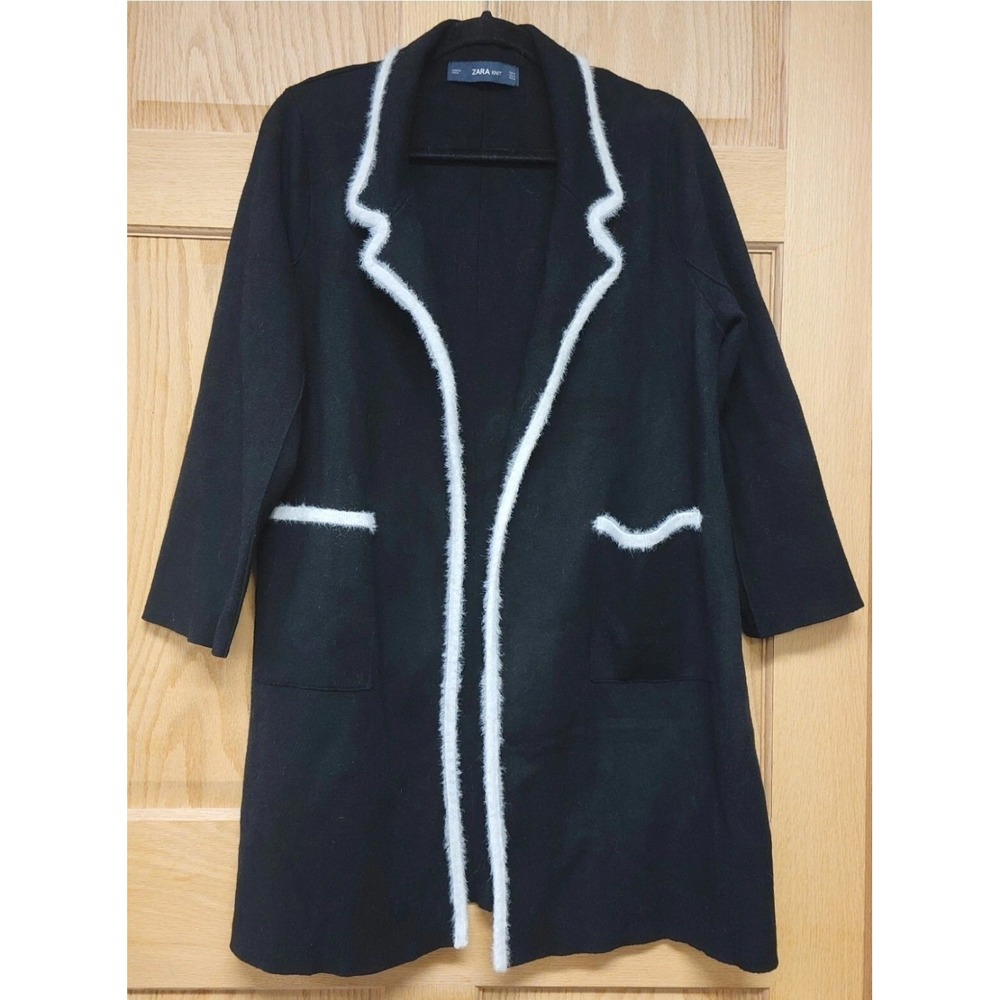 Zara Knit Women Cardigan Blazer Jacket Black White Size Medium Long Fall‎ Coat